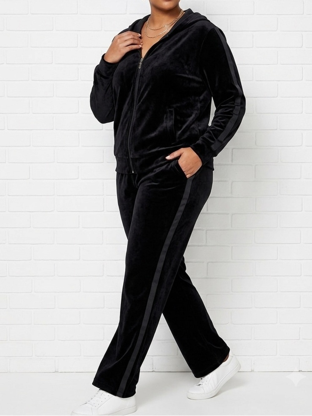 Serena Williams Signature Black Velour Tracksuit Set Large Full Zip Hoodie Y2K